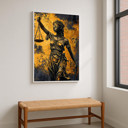 Framed Lady Justice impasto art print in a professional setting