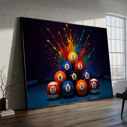 Color Splash Billiards canvas painting with bold red and blue splashes