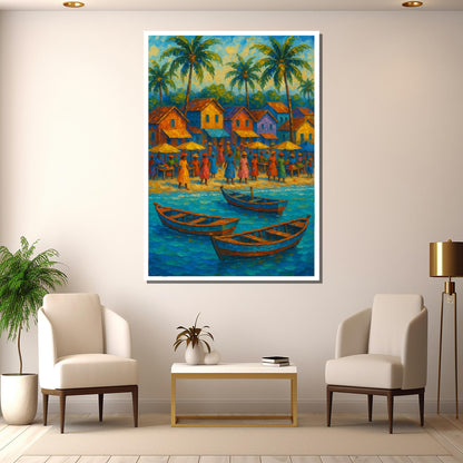 Bright palm trees and boats artwork for living room