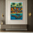 Abstract tropical village painting with vivid hues