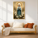 Close-up Virgin Mary with floral halo on wall art