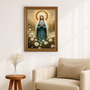 Elegant Virgin Mary religious art with pink flowers