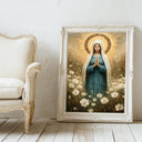 Soft-lit Virgin Mary floral halo art on wall