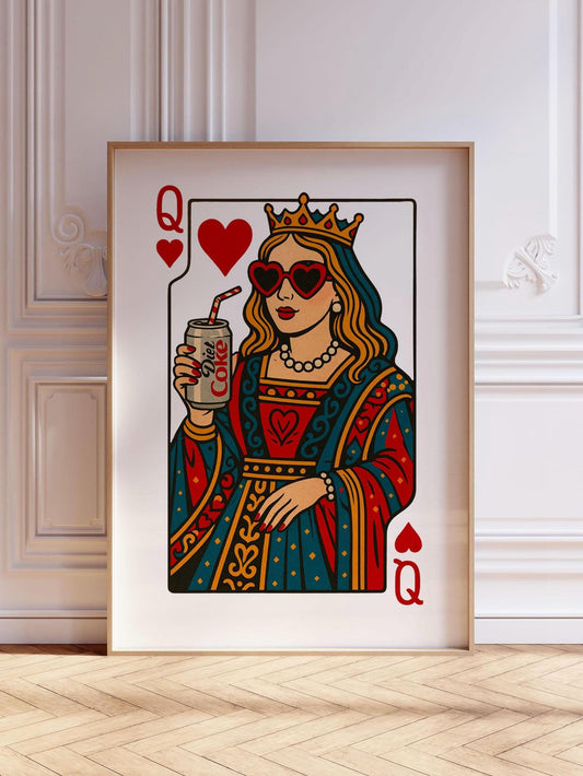 Queen of Hearts Pop Art Print - playing card motif with Diet Coke, retro modern bar decor