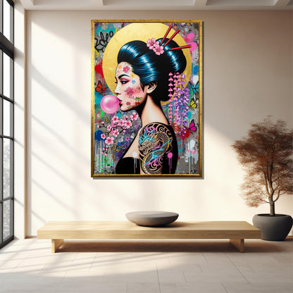 Close-up of Geisha portrait showing dragon tattoo and colorful spray details