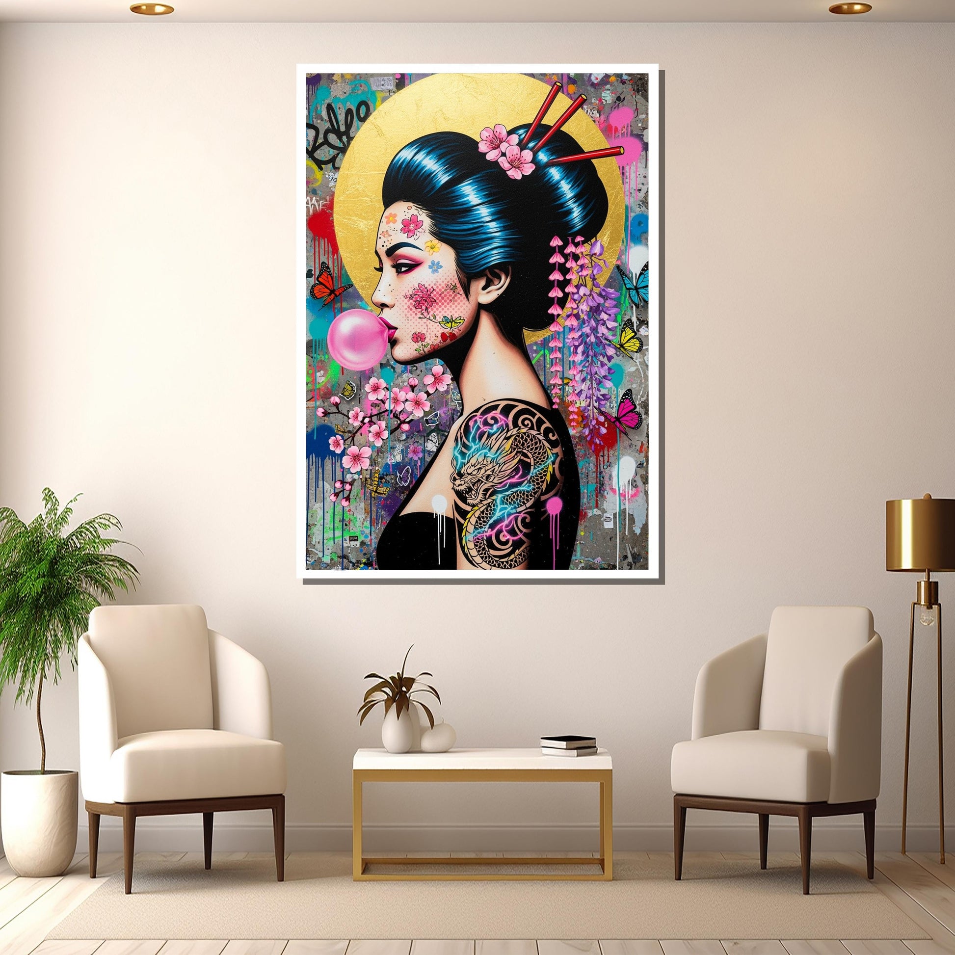 Full canvas view with neon colors and urban graffiti background