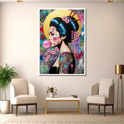 Full canvas view with neon colors and urban graffiti background