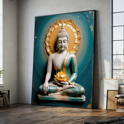 Golden Buddha canvas wall art on textured wall