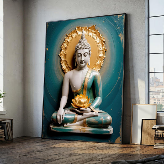 Golden Buddha canvas wall art on textured wall