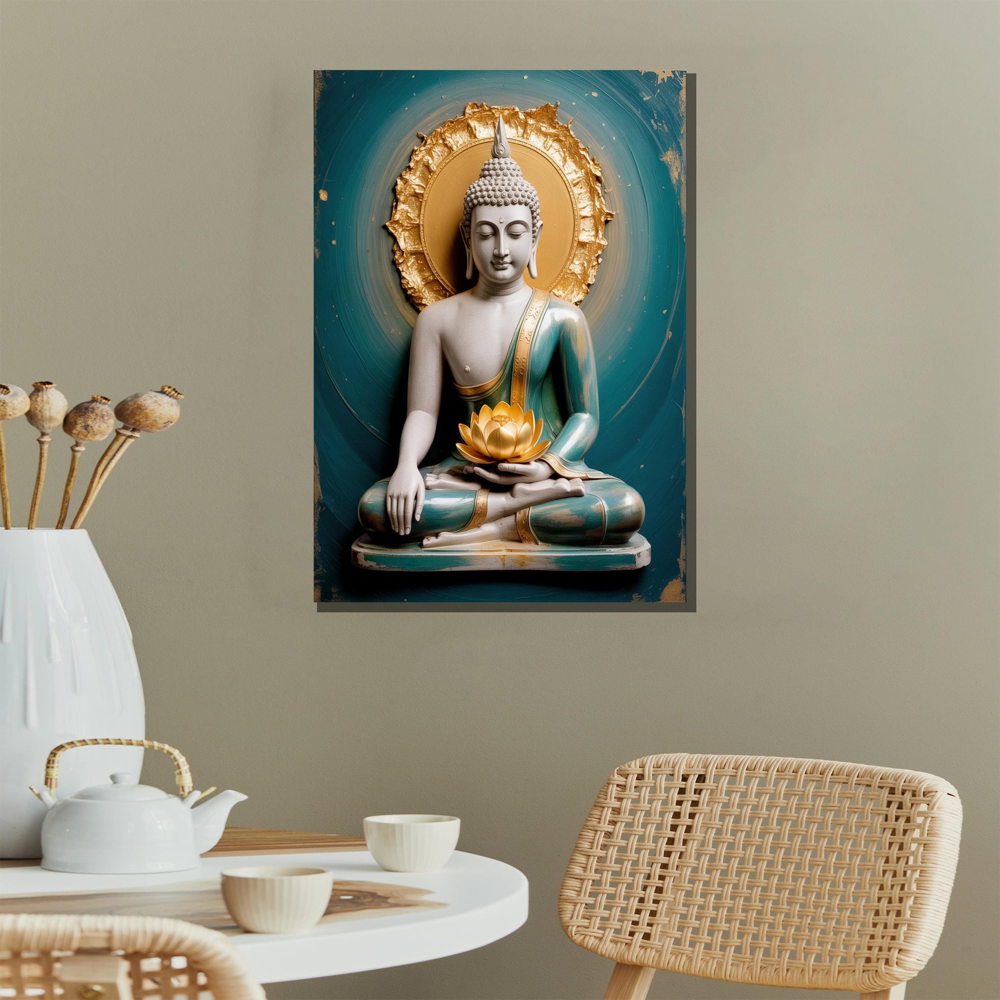 Religious wall art with gold Buddha and lotus accents