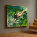 Abstract woman swimming canvas art with emerald green water texture – front view