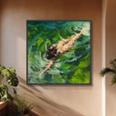 Side perspective of serene green water textured artwork on canvas