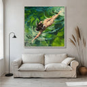 Full canvas art featuring abstract female form swimming amid teal and olive greens