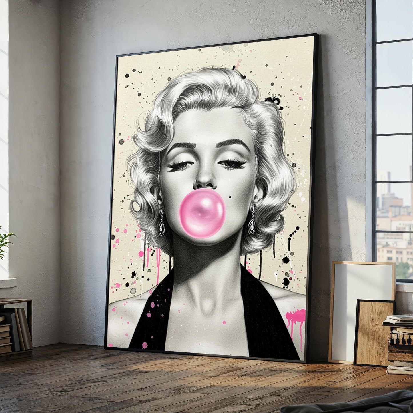 Marilyn Monroe pop art wall art with pink bubblegum on black and white portrait
