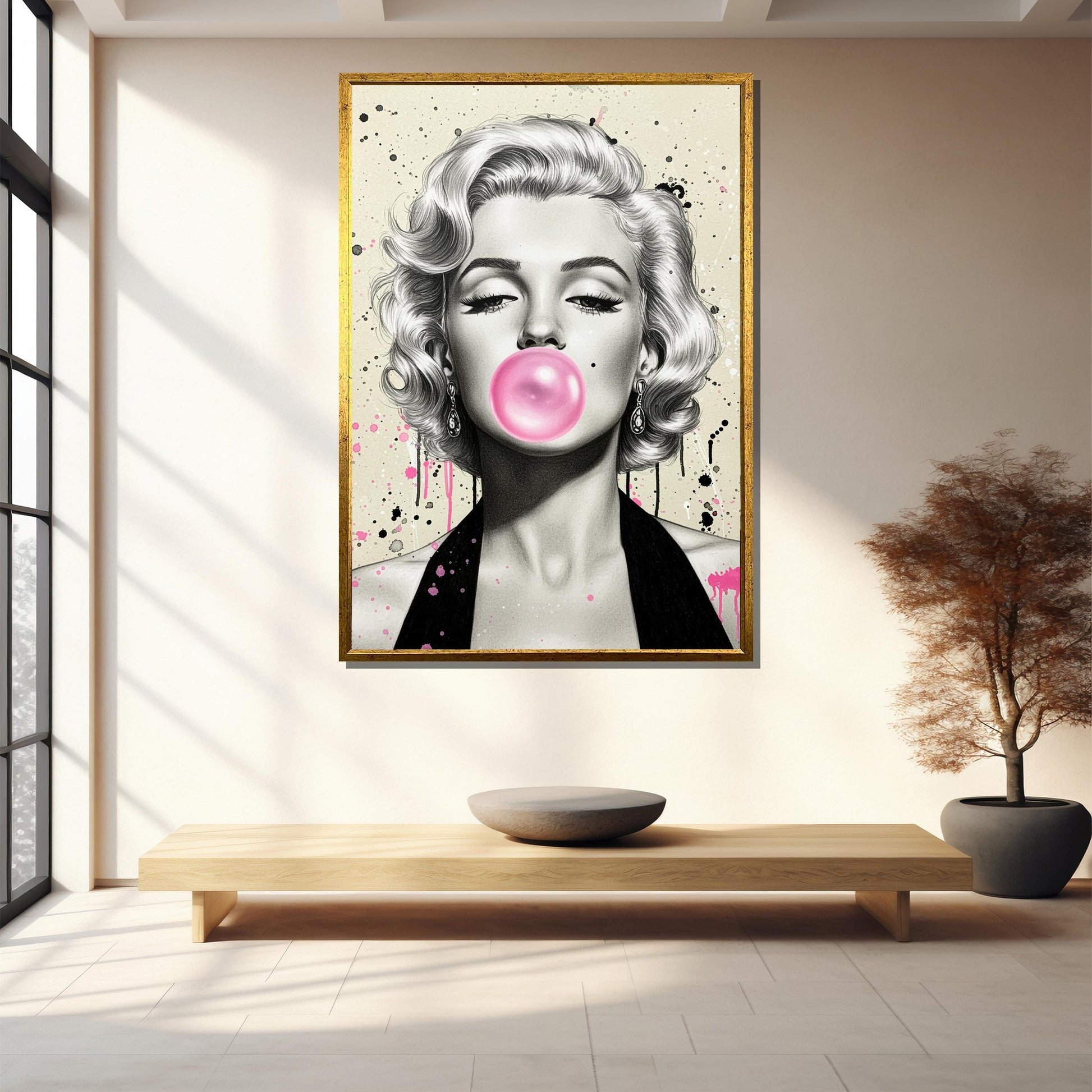 Close-up portrait in pop art style featuring Marilyn Monroe and pink bubblegum detail