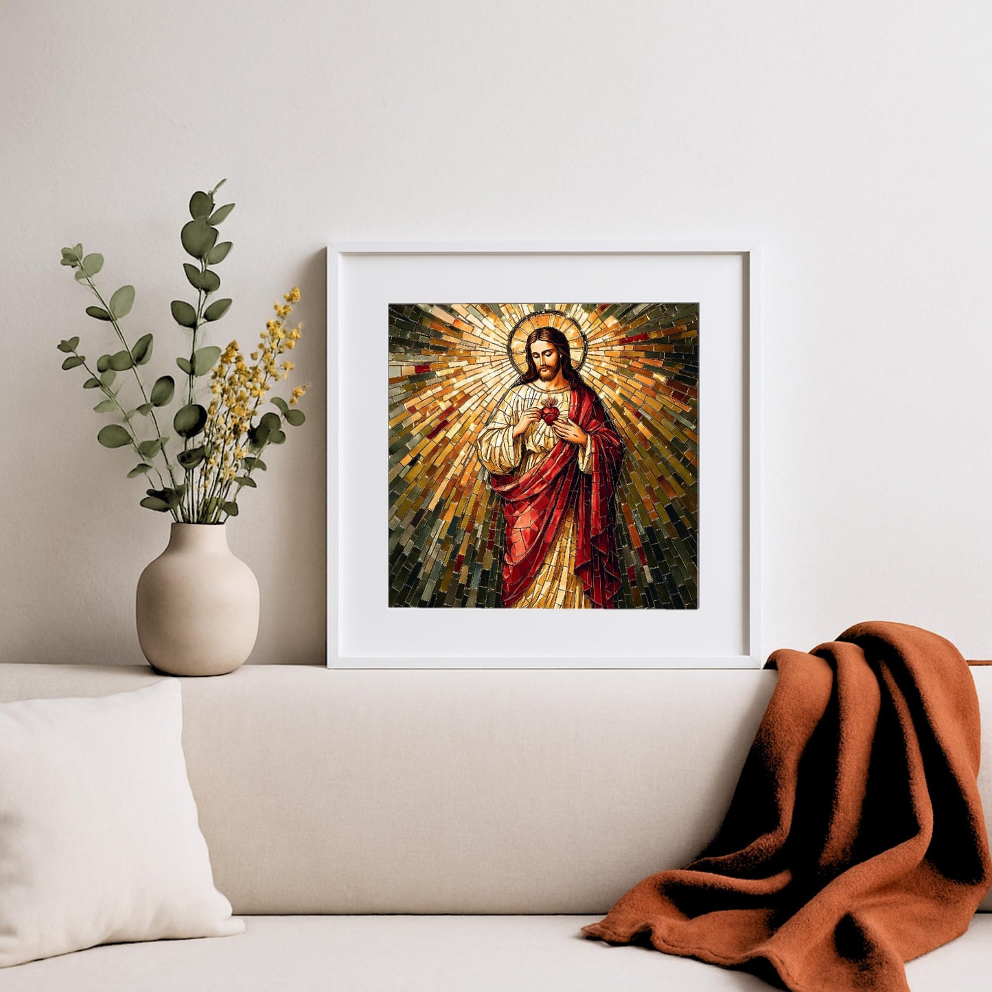 Living room wall art - Sacred Heart of Jesus square mosaic