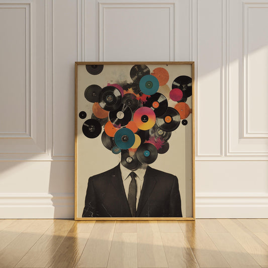 Vinyl records wall art collage featuring a man in a suit