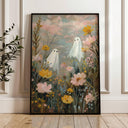 Whimsical ghosts walking through a sunlit flower field in vintage tones