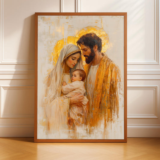 Holy Family wall art, vintage-inspired Christian scene on canvas