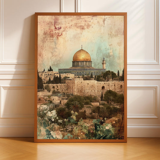 Vintage Al-Aqsa Mosque wall art in warm tones over Jerusalem skyline