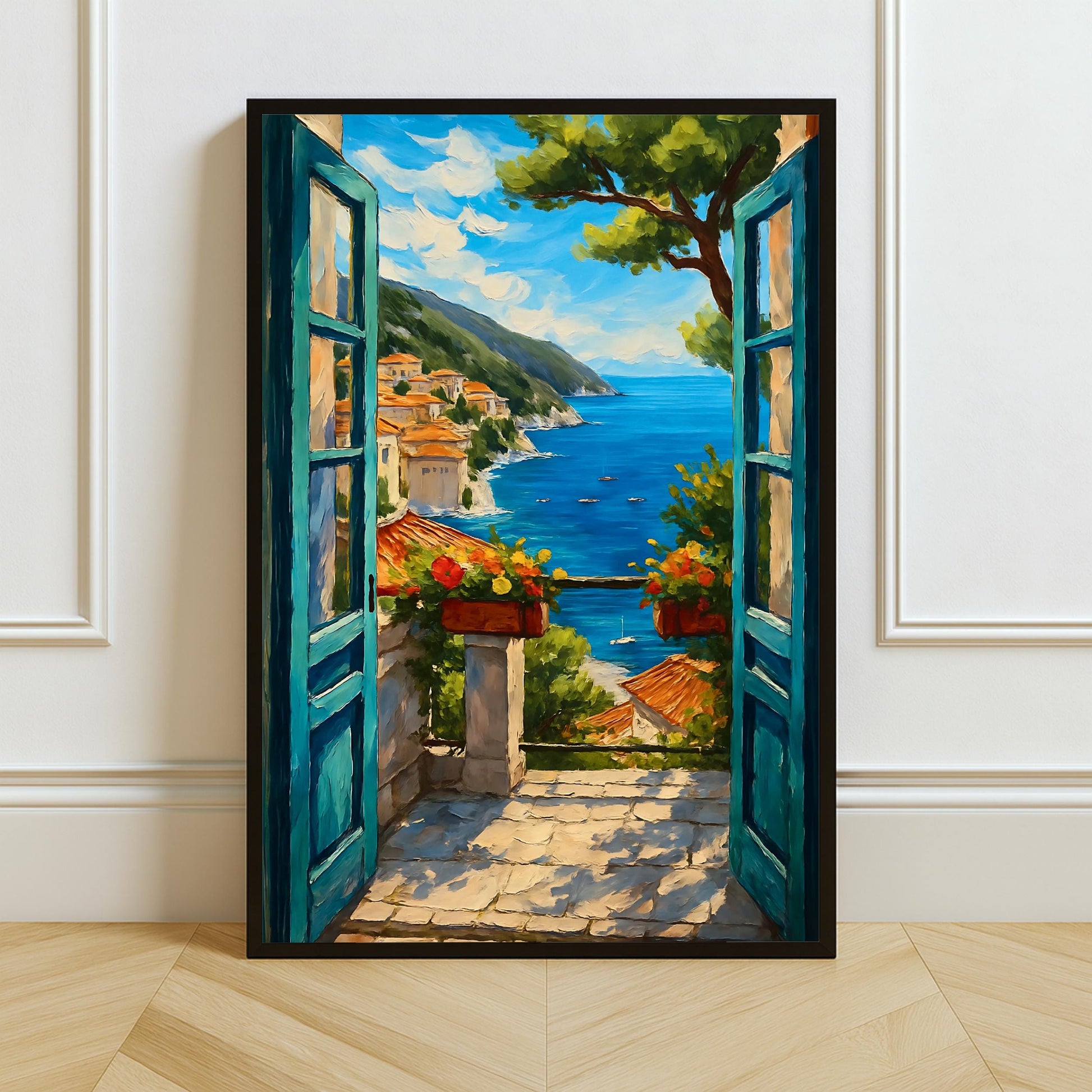 Open window with coastal balcony view and textured impasto