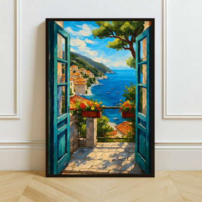 Open window with coastal balcony view and textured impasto