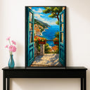 Sunlit balcony overlooking the sea with warm tones