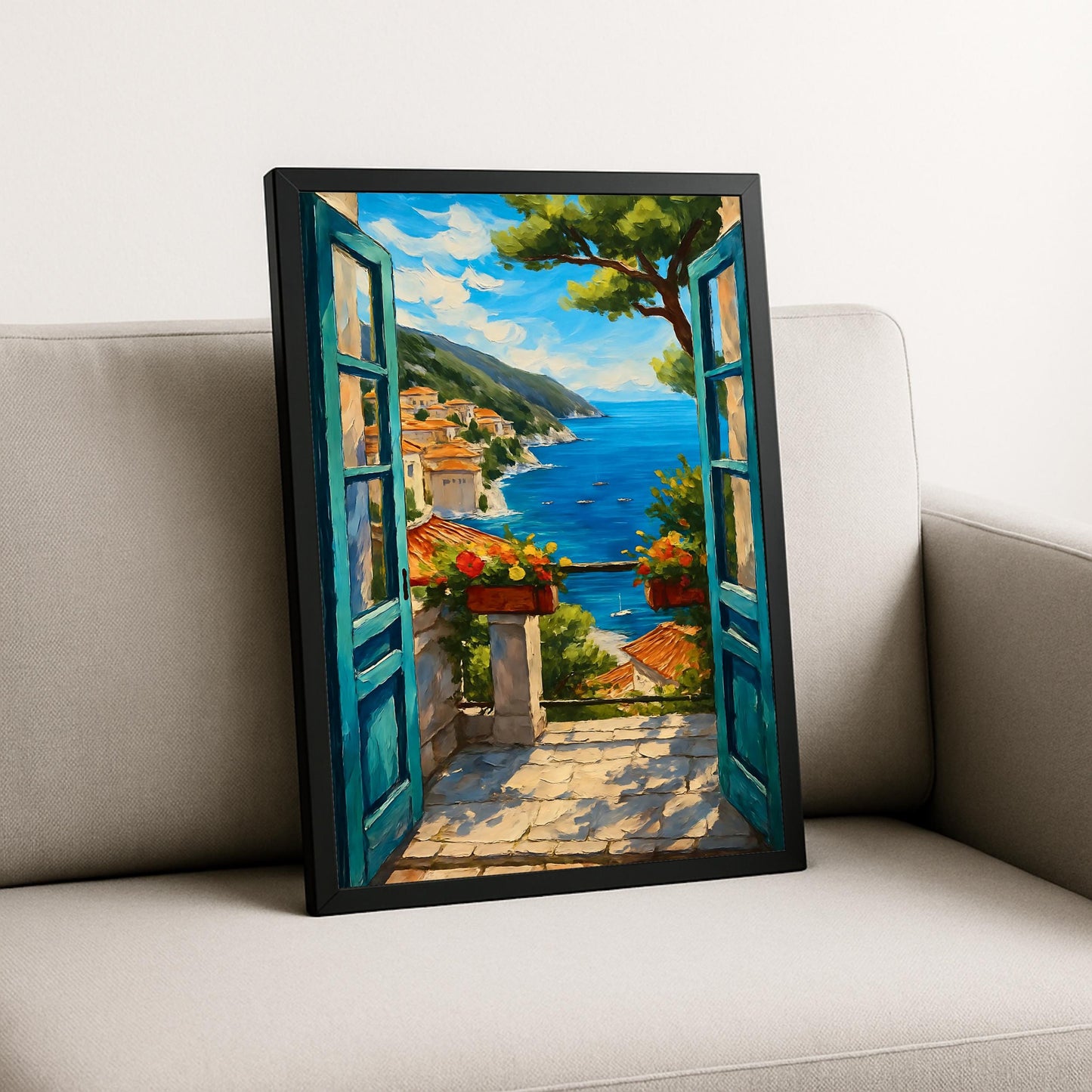 Blue and sand tones reflecting Mediterranean light on wall art