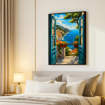 Railing shadow and ocean horizon through open window