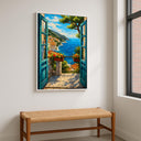Terracotta pot and sea vista on balcony in painting