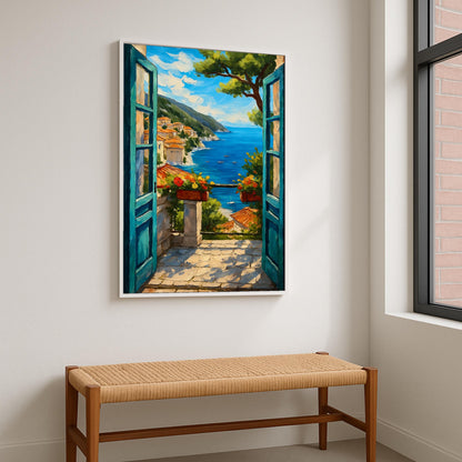 Terracotta pot and sea vista on balcony in painting