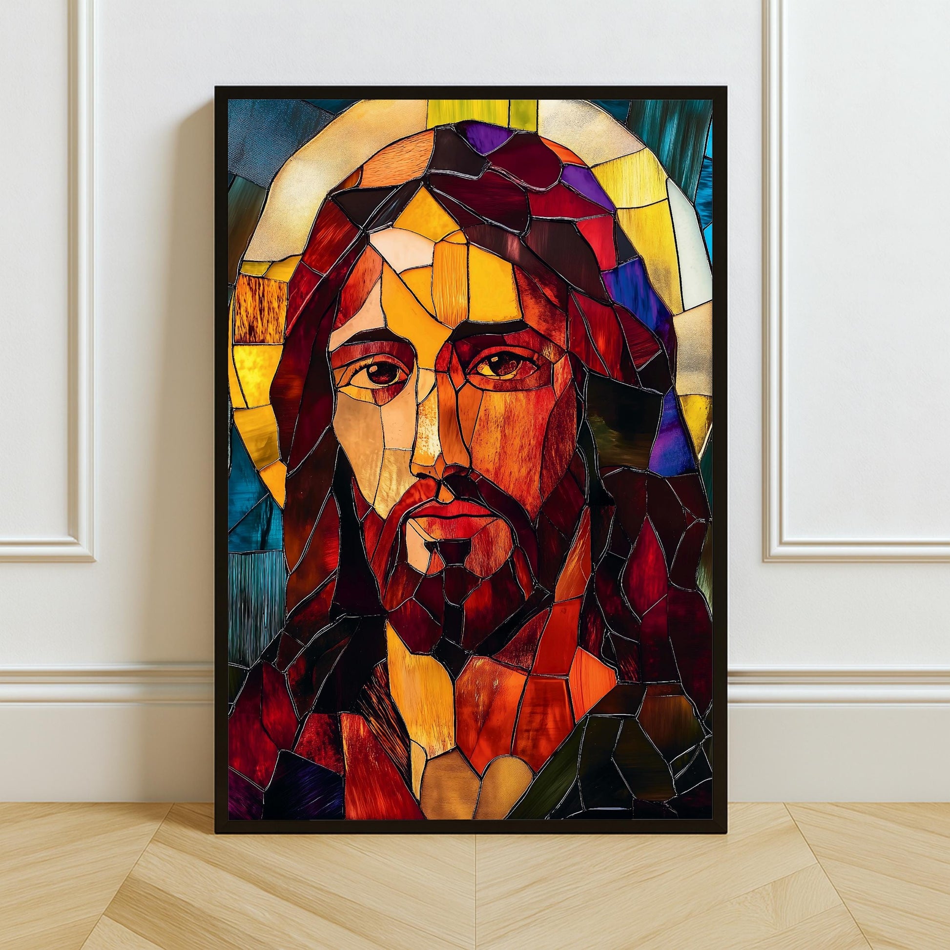 Stained glass style Jesus art on white wall - front view