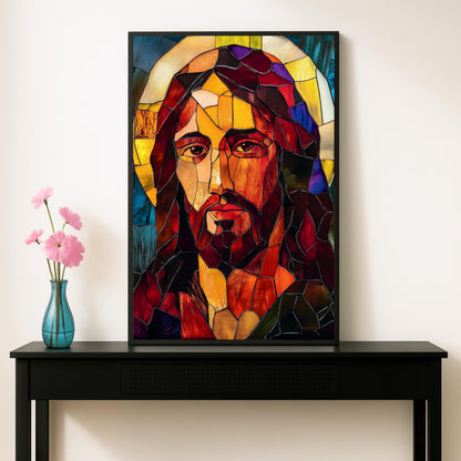 Religious wall art featuring Jesus in stained glass tones