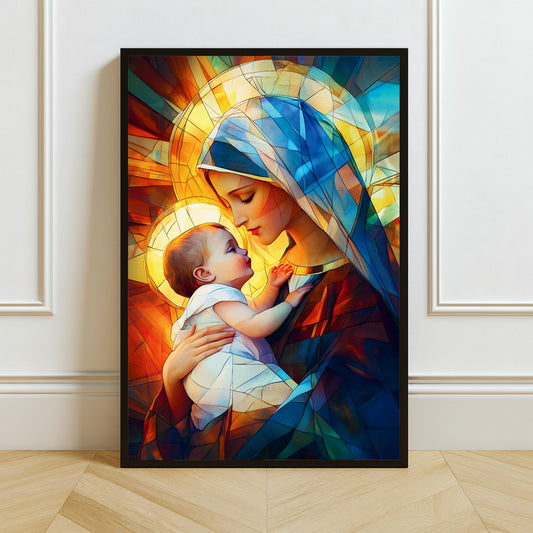 Mary and Jesus stained glass wall art print – front view