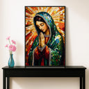 Religious wall decor featuring Mary of Guadalupe mosaic design