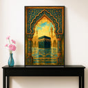 Framed wall art featuring Kaaba Mecca arch motif