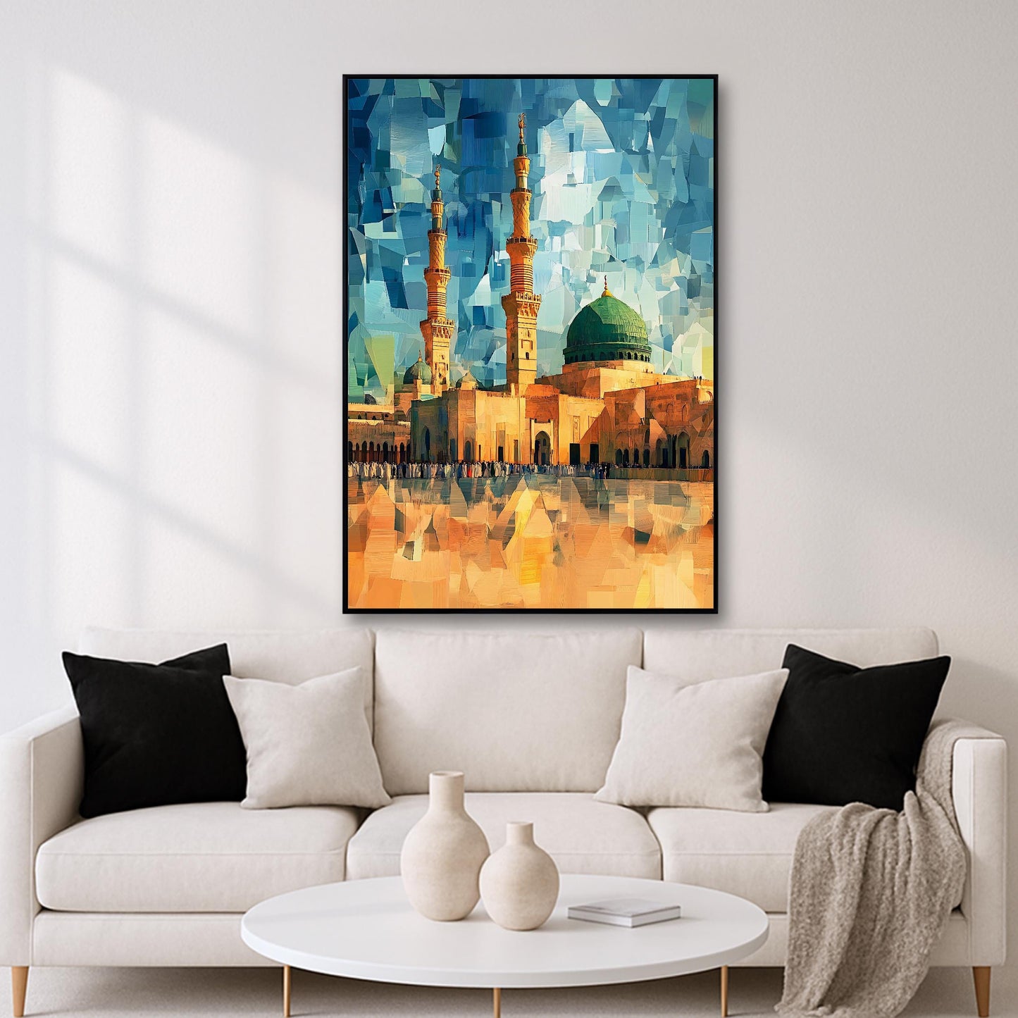 Medina mosque silhouette in warm-toned geometric artwork