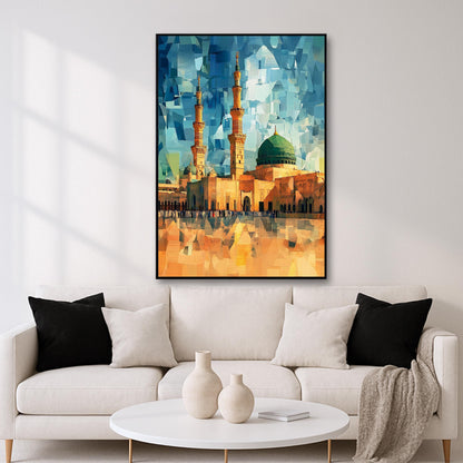 Medina mosque silhouette in warm-toned geometric artwork