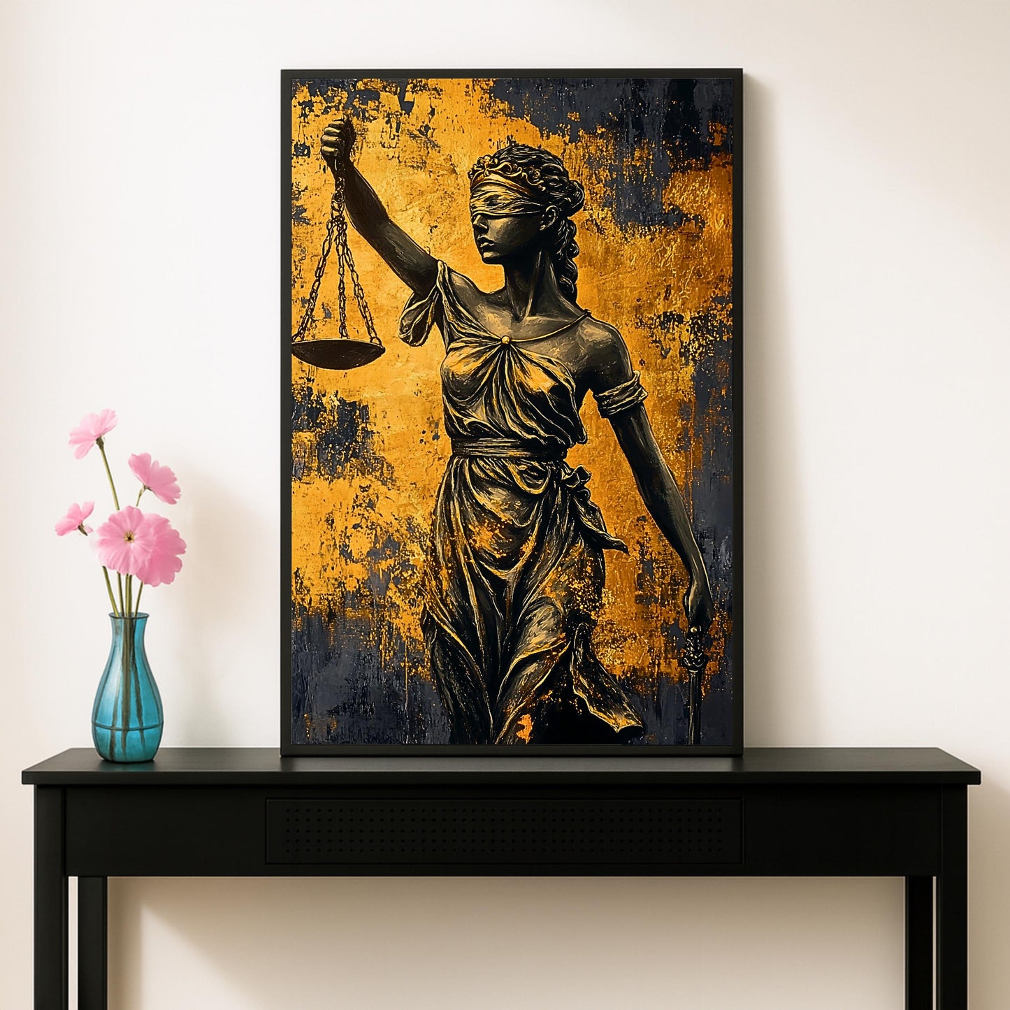 Modern law office decor: Lady Justice art print on light wall