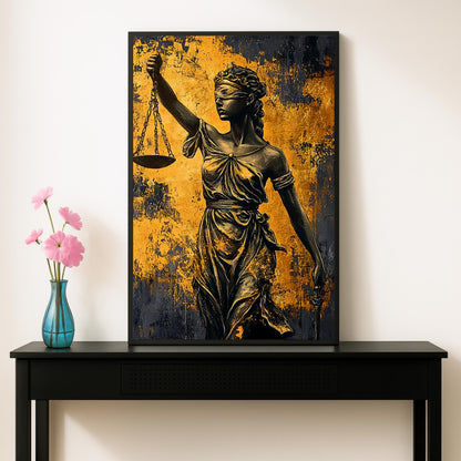Modern law office decor: Lady Justice art print on light wall