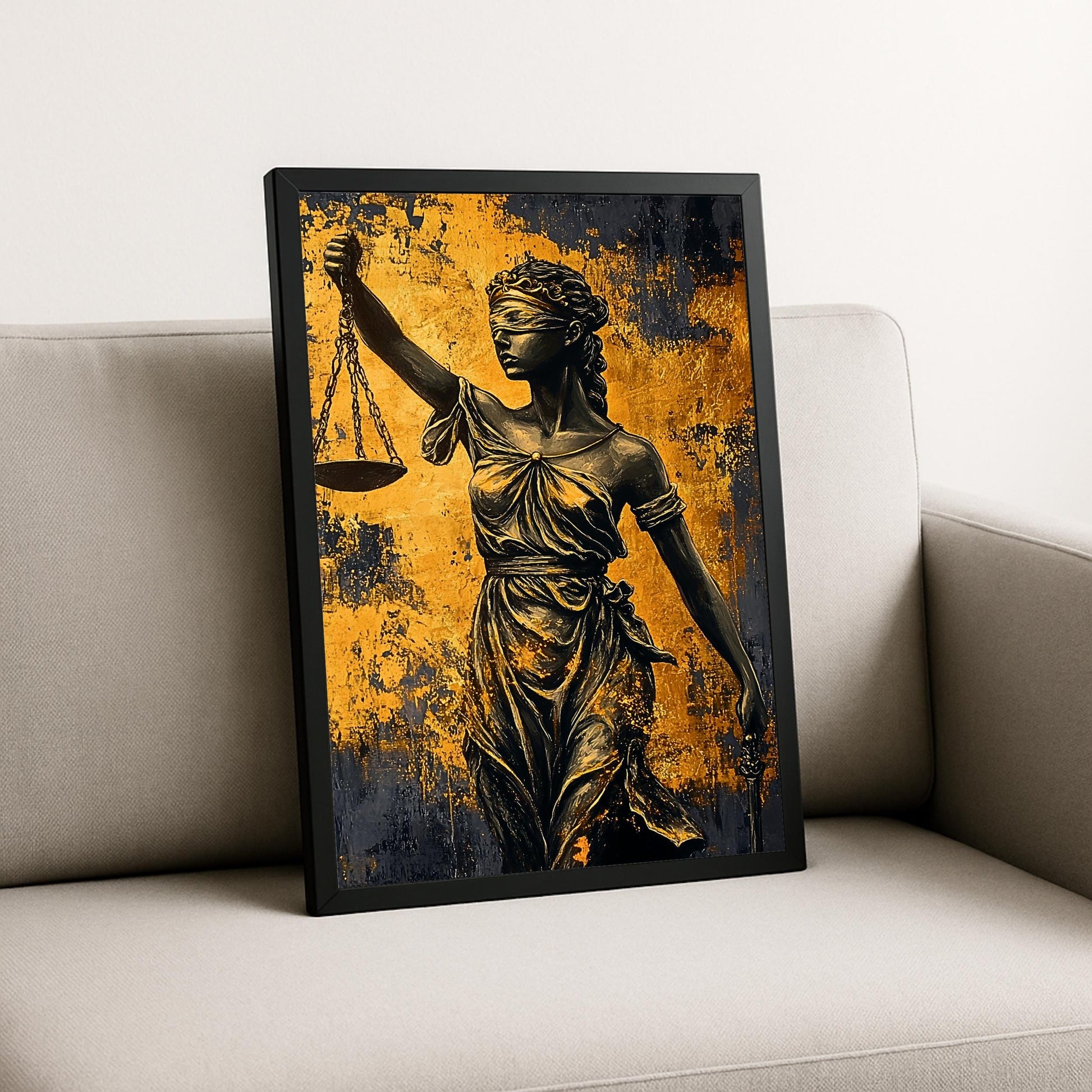 Elegant law-themed wall art featuring Lady Justice motif