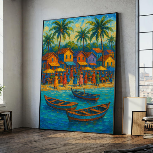 Vibrant tropical village canvas painting with palm trees and colorful boats