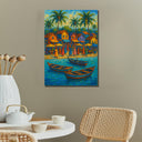 Beach house wall decor featuring tropical village scene on canvas