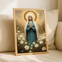 Framed Virgin Mary floral halo wall art in living space