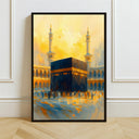 Kaaba-inspired oil painting on canvas with rich blues and golds