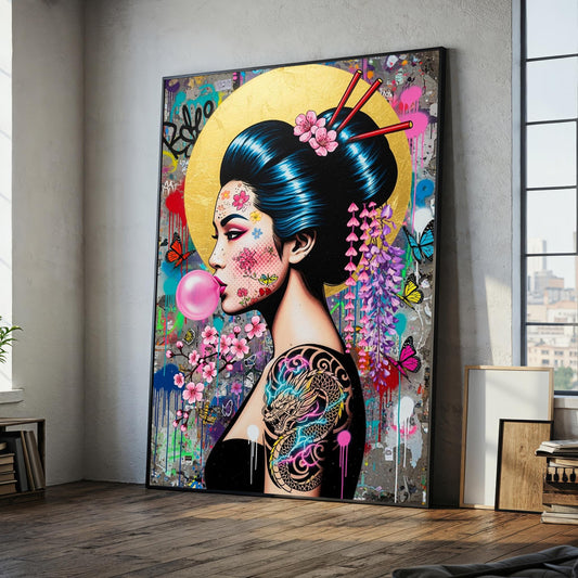 Graffiti Geisha canvas wall art with neon pink and teal graffiti accents