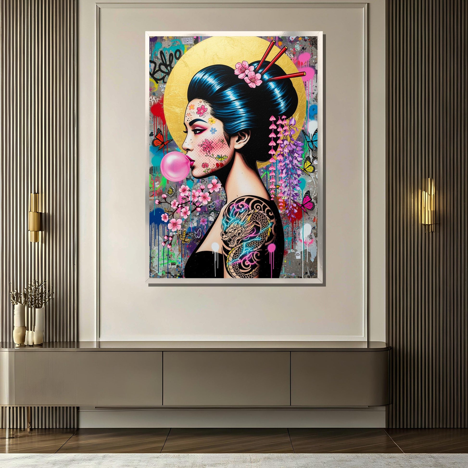 Bold street art inspired wall decor ready to hang in modern interiors