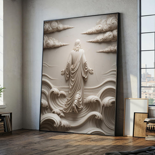 Beige canvas wall art featuring Jesus walking on water - full view