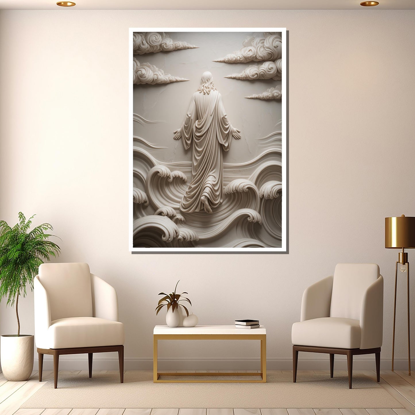 Living space with Jesus walking on water canvas print