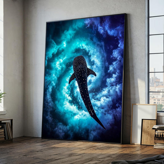 Whale shark cosmic ocean canvas wall art close-up with blue galaxy tones